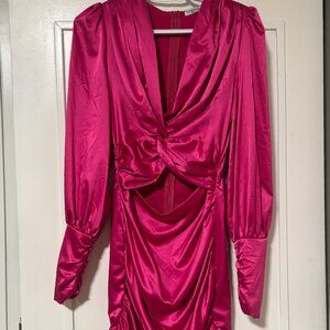 Hot Pink Satin Mini Dress with Cutout Detail and Padded Shoulders